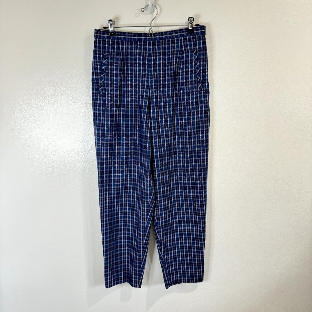 Vintage Talbots Pants Size 12P Straight Ankle Plaid High Rise Blue White